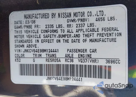 2008 Infiniti G37 Journey from USA, damaged, VIN JNKCV64E98M124441